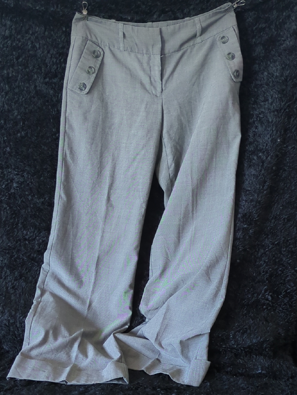 Worthington Light Gray Wide-Leg Trousers with Button Tab Detail